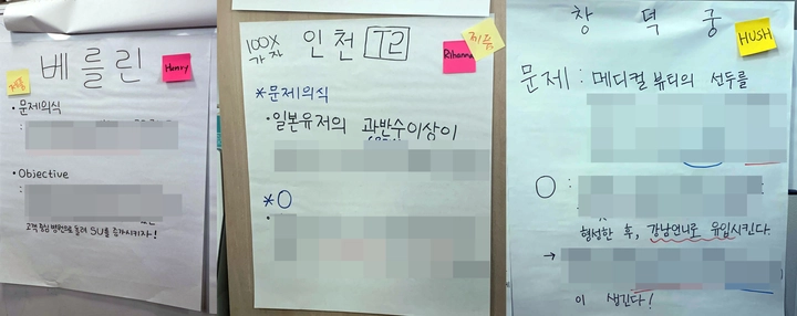 첫 얼라인먼트데이 현장. 커다란 전지에 스쿼드 Objective를 적어서 각 스쿼드 리드가 발표했어요.