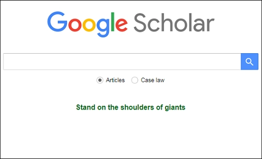 구글의 학술 검색(Google Scholar)의 메인 화면. 검색창 아래에 아이작 뉴턴의 '거인의 어깨에 올라서서 더 넓은 세상을 바라보라'가 적혀있어요.