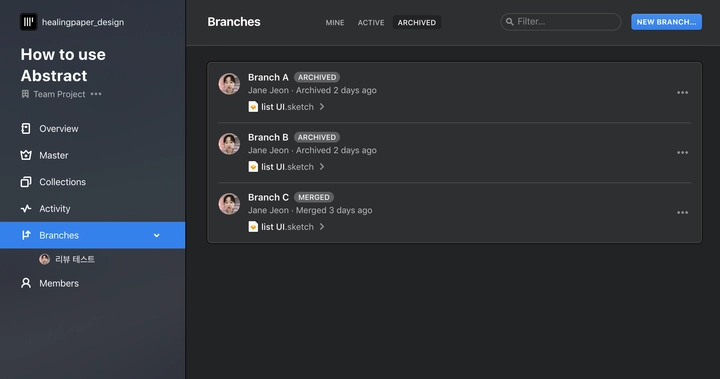 Archived List 페이지 예시(해당 리스트의 더보기 버튼을 클릭하면 UnArchive, New Branch, Delete 등 기능이 있습니다.)